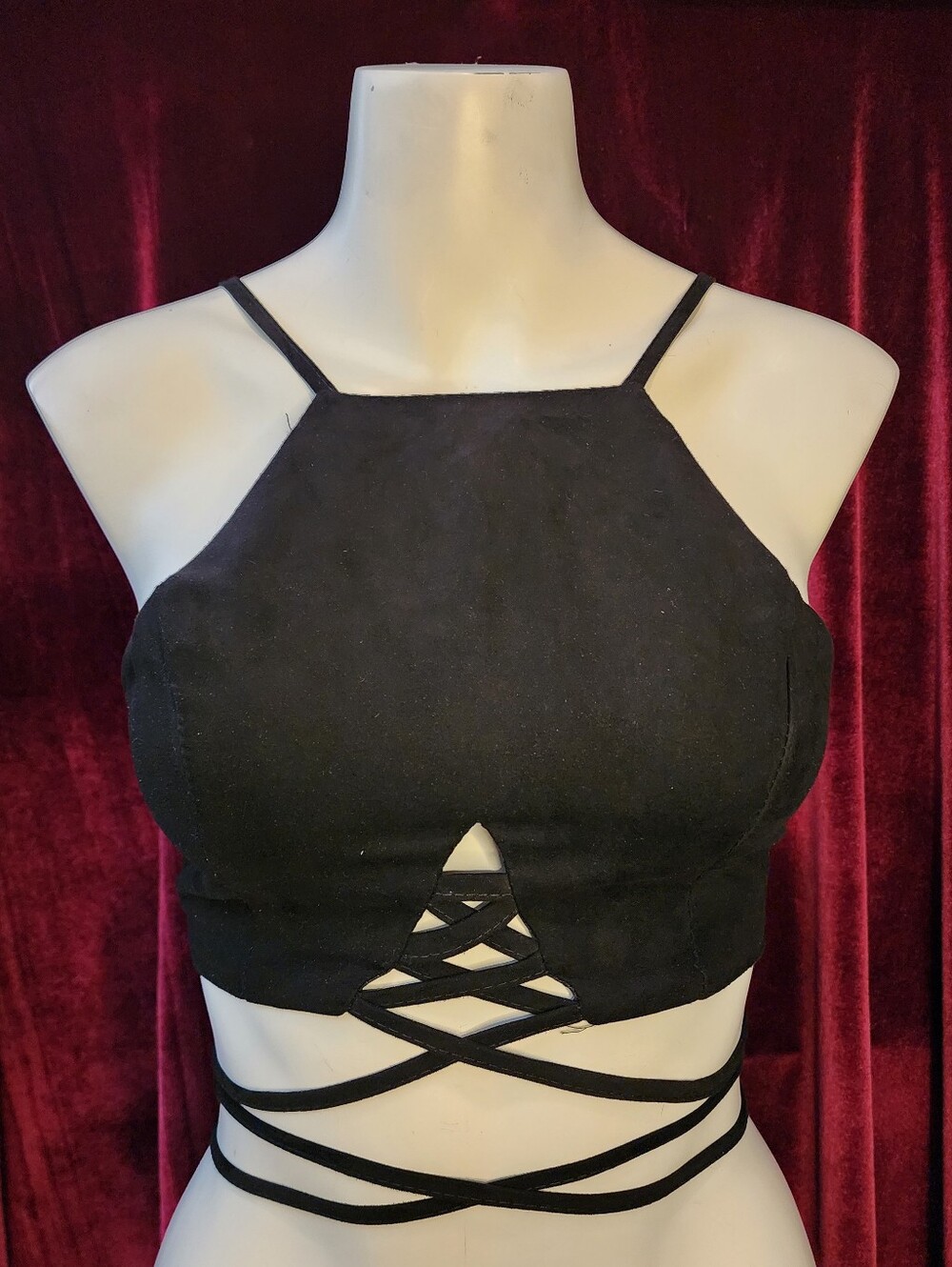 Black Strappy Suede Crop Halter Top